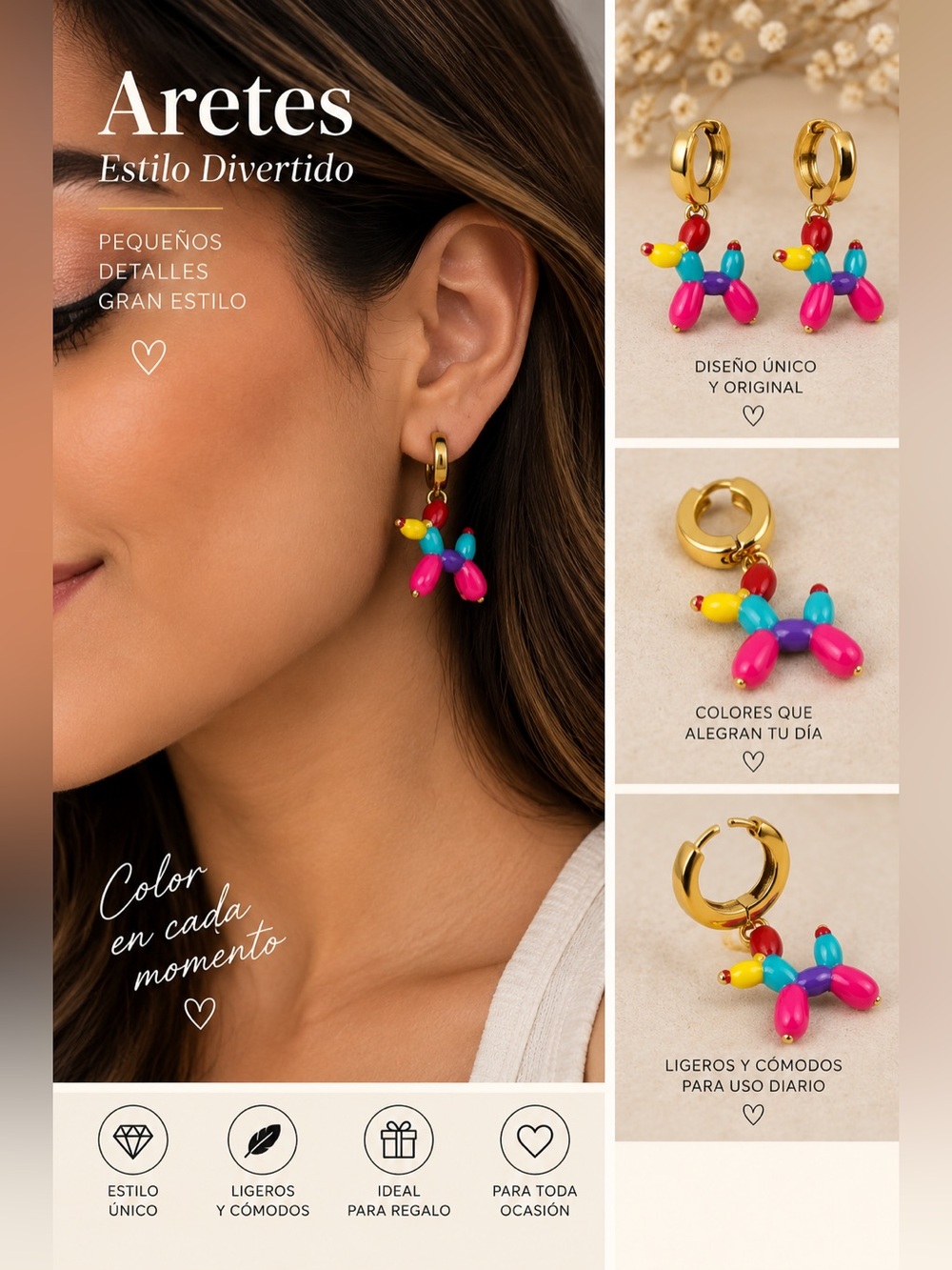 Gold Hoop Earrings with Multicolor Bead Dog Charm - Playful Women’s Accessory